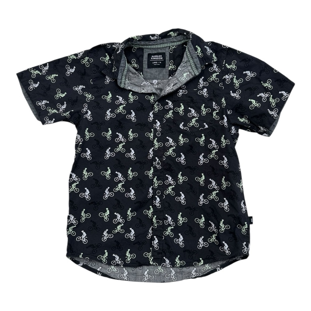 Sunrise Kingdom Boys Short Sleeve Button Up BMX Bike Pattern - Size Large 14